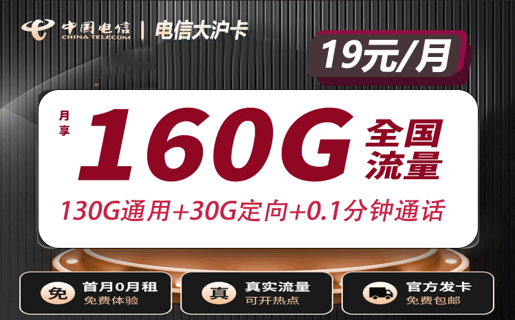 上海电信大沪卡 19元160G全国流量套餐办理入口