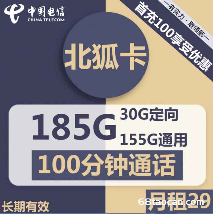 2235 | 电信北狐卡29元包155G通用+30G定向+100分钟通话（长期套餐）