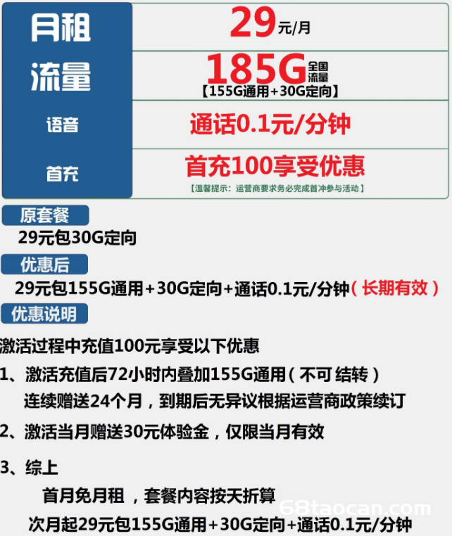 2237 | 电信汉江卡29元包155G通用+30G定向（长期流量卡套餐办理入口）