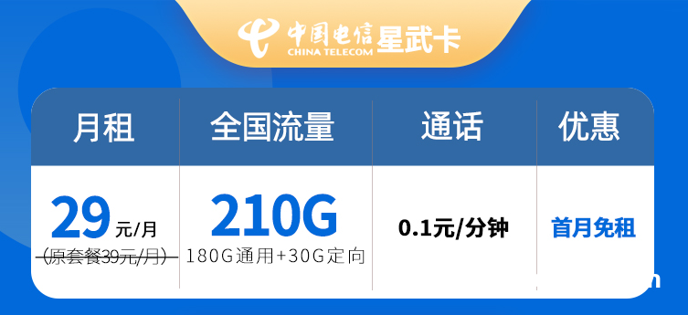 电信星武卡29元210G流量长期套餐介绍【手机卡办理入口】