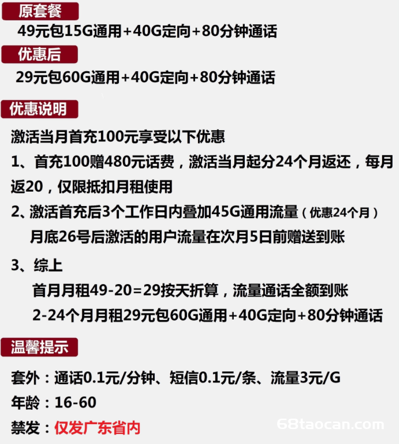 广东联通流量卡29元包100G流量+80分钟怎么办理？（广东大王卡申请入口）