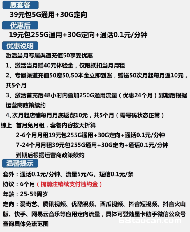 2310 | 电信甘甜卡19元包255G通用+30G定向+通话0.1元/分钟