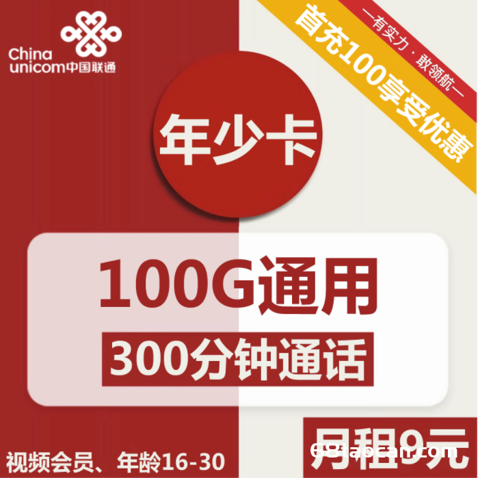 2328 | 联通年少卡9元包100G通用+300分钟通话+视频会员（申请办理入口）