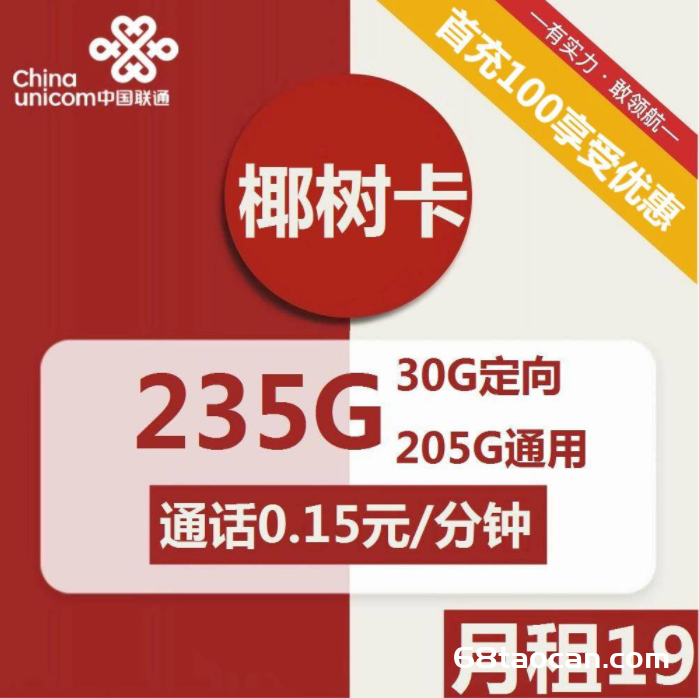 2339 | 联通椰树卡19元包205G通用+30G定向+通话0.15元/分钟