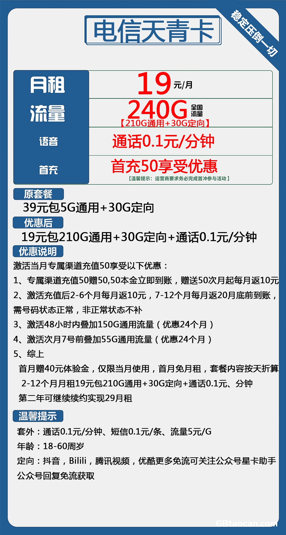 电信19元240G纯流量卡不限速手机套餐（天青卡申请办理入口）