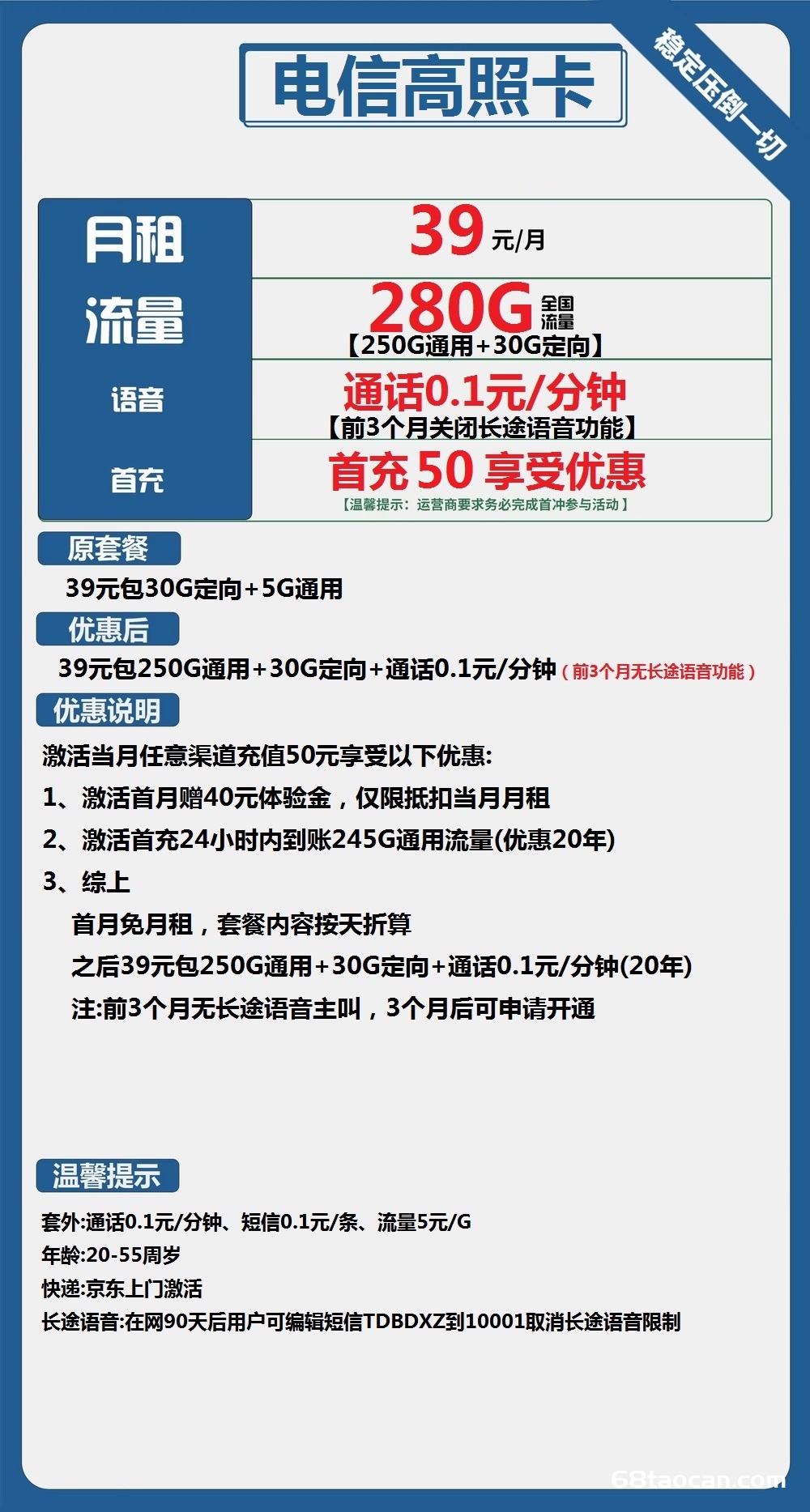 电信高照卡39元包250G通用+30G定向（电信流量卡办理入口）