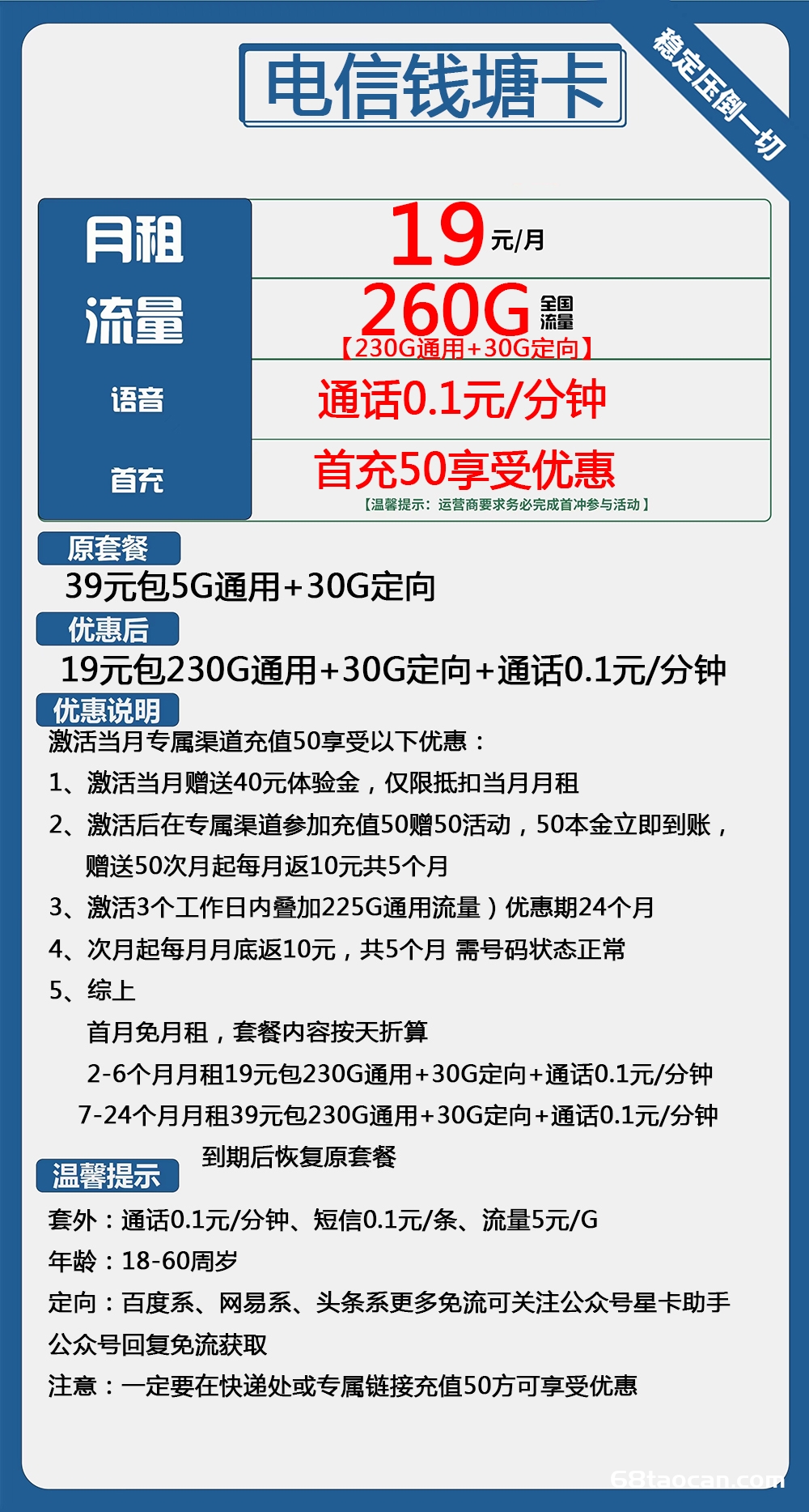 电信大王卡19元230G通用+30G定向流量套餐介绍（钱塘卡申请办理入口）