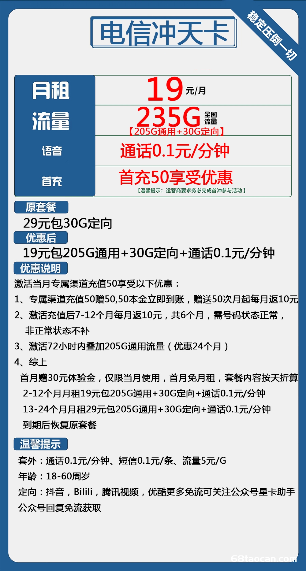 电信流量卡19元205G通用+30G定向套餐（冲天手机卡申请办理入口）