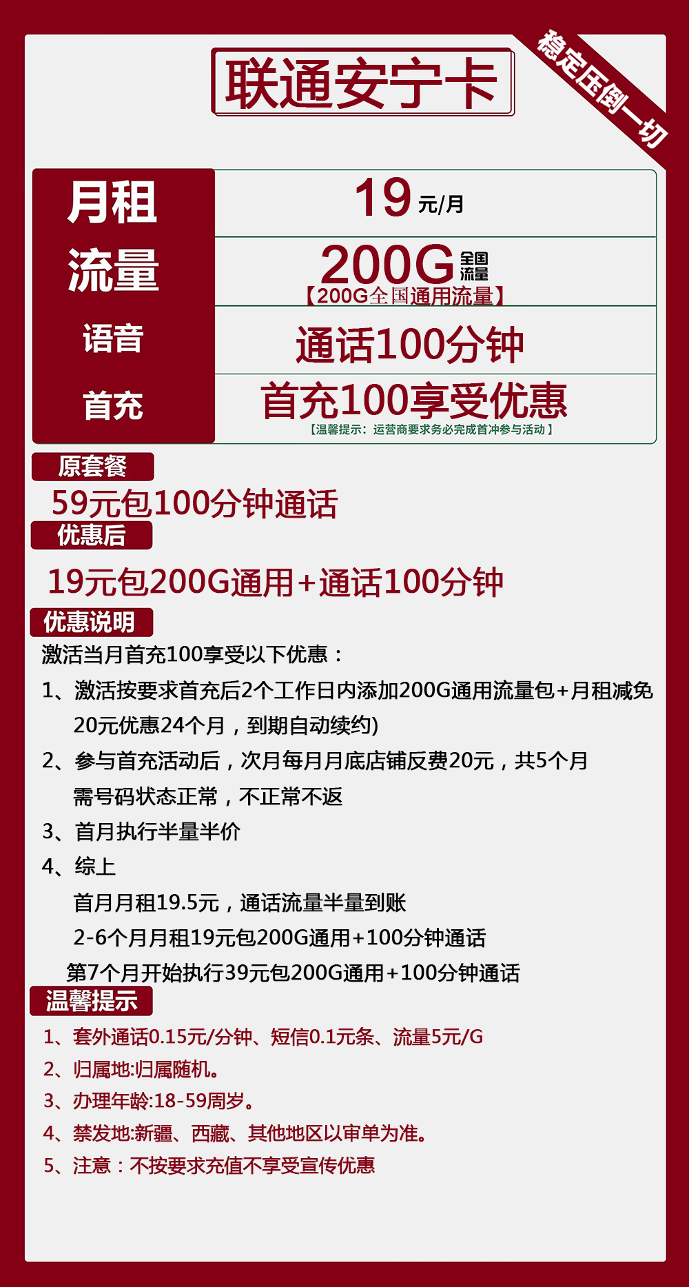 联通流量卡19元200G通用+100分钟通话怎么样（安宁卡手机套餐申请办理）