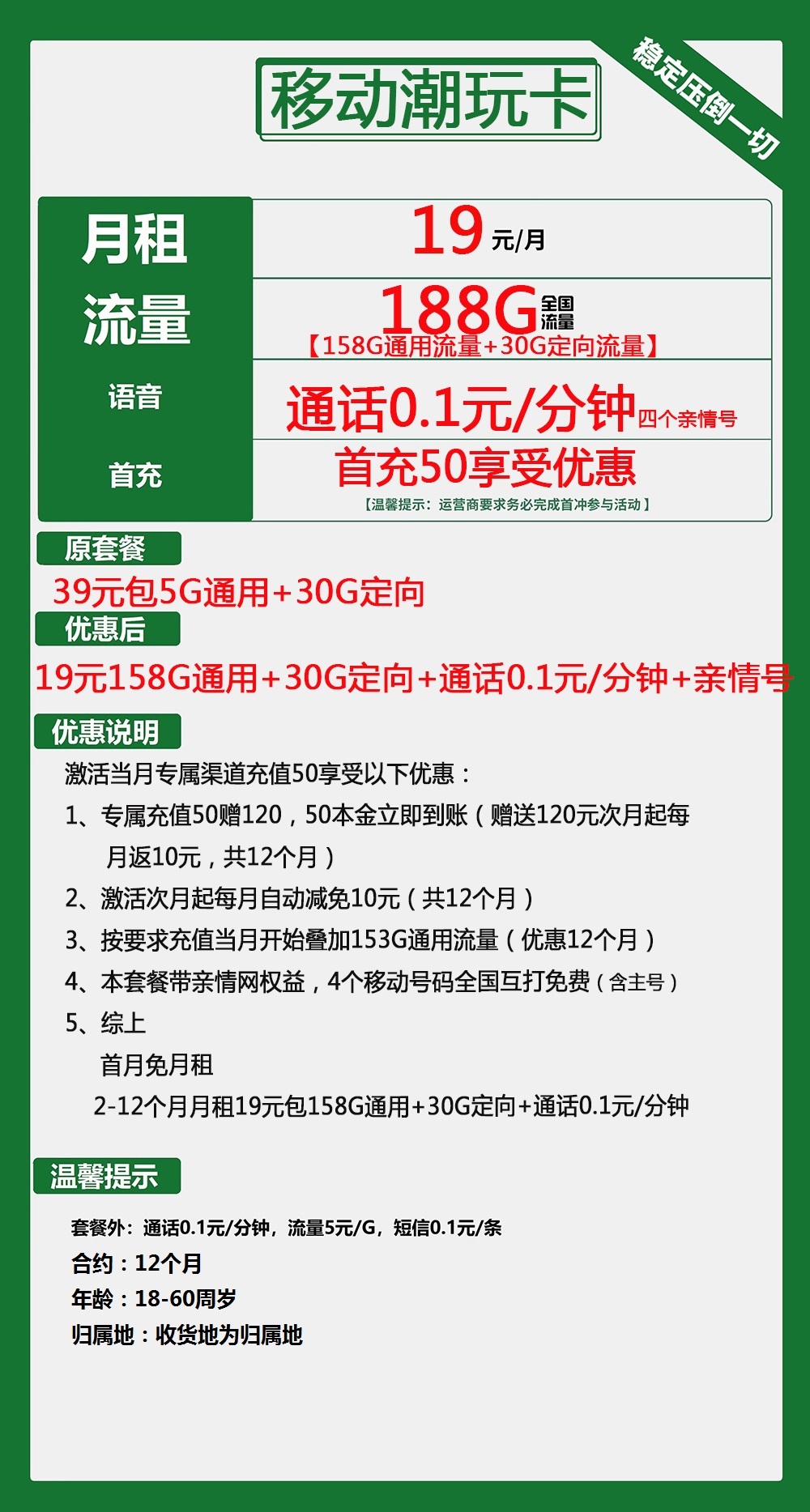 移动潮玩卡19元188G流量（本地归属地手机卡办理可选靓号）