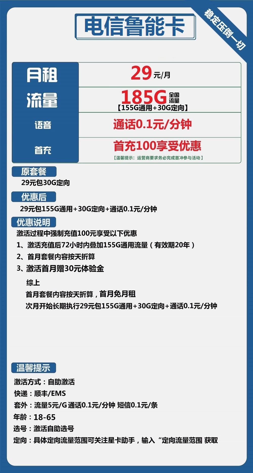 电信鲁能卡29元包155G通用+30G定向（可选号长期流量卡套餐申请办理入口）