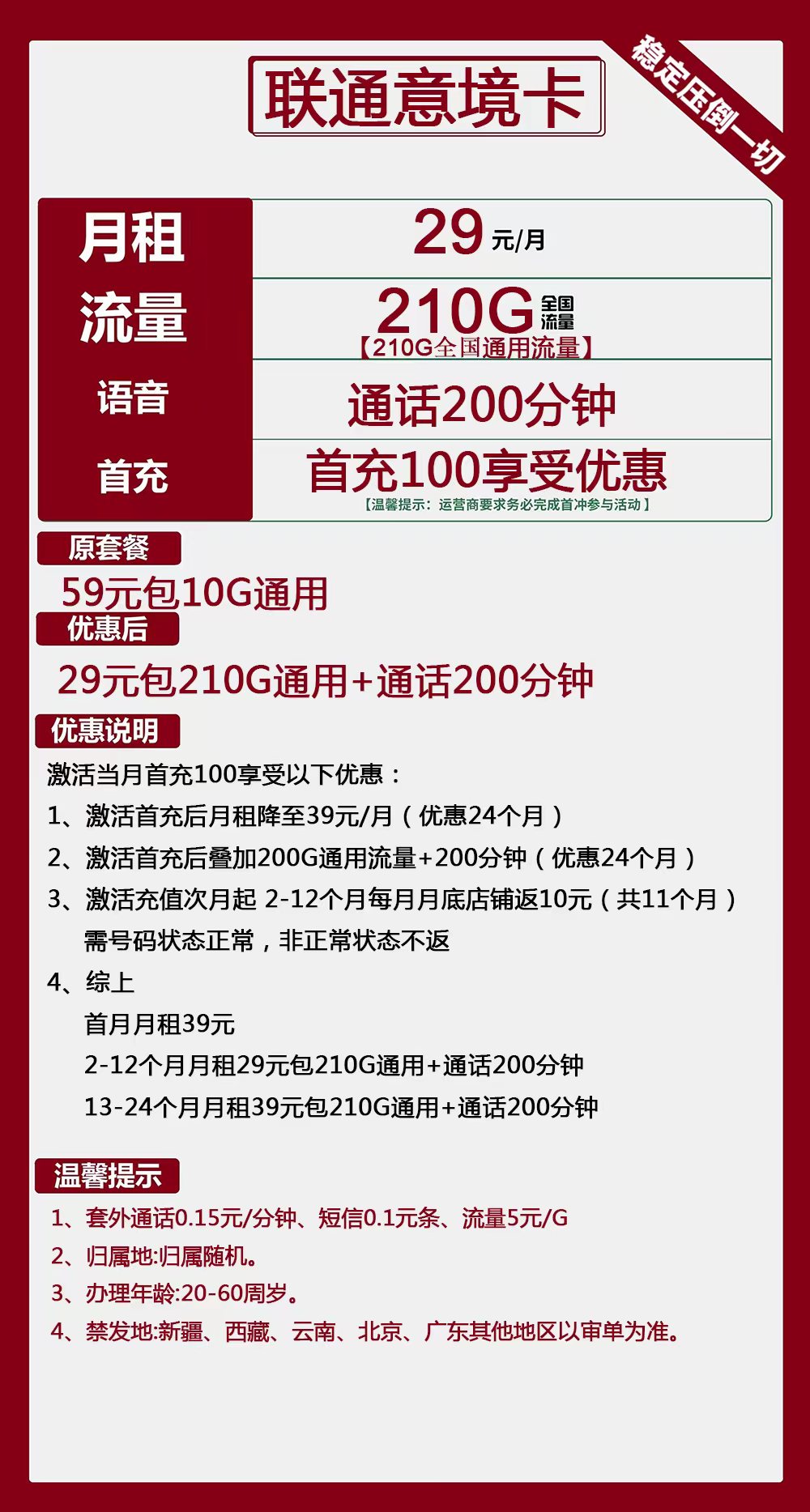 联通意境卡29元210G通用+200分钟通话（联通手机流量卡申请办理）