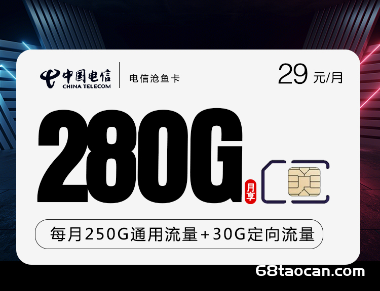 电信沧鱼卡29元280G全国通用【 电信无限纯流量卡不限速】