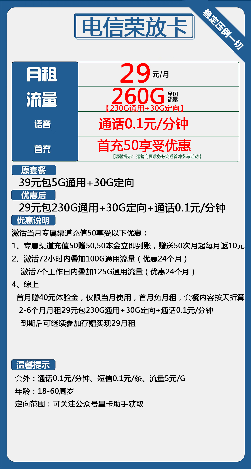 电信荣放卡29元包230G通用+30G定向（电信流量卡长期套餐申请办理入口）