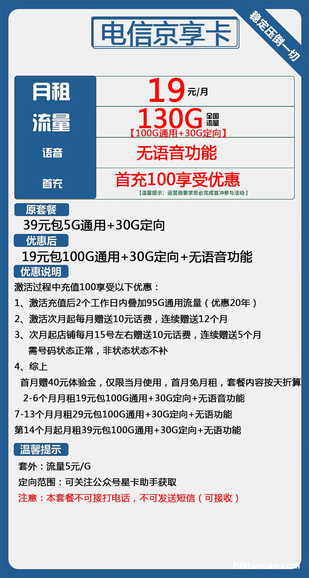 电信大王卡19元100G通用+30G定向（京享卡纯流量套餐申请办理入口）