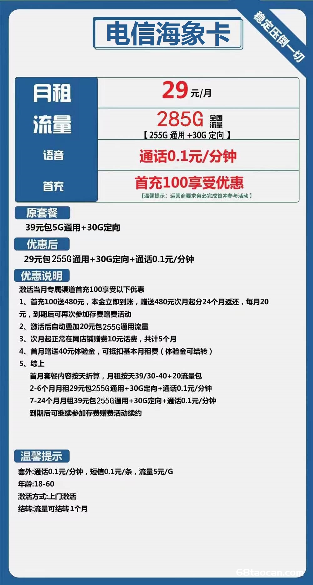 2487 | 电信海象卡29元包255G通用+30G定向+通话0.1元/分钟