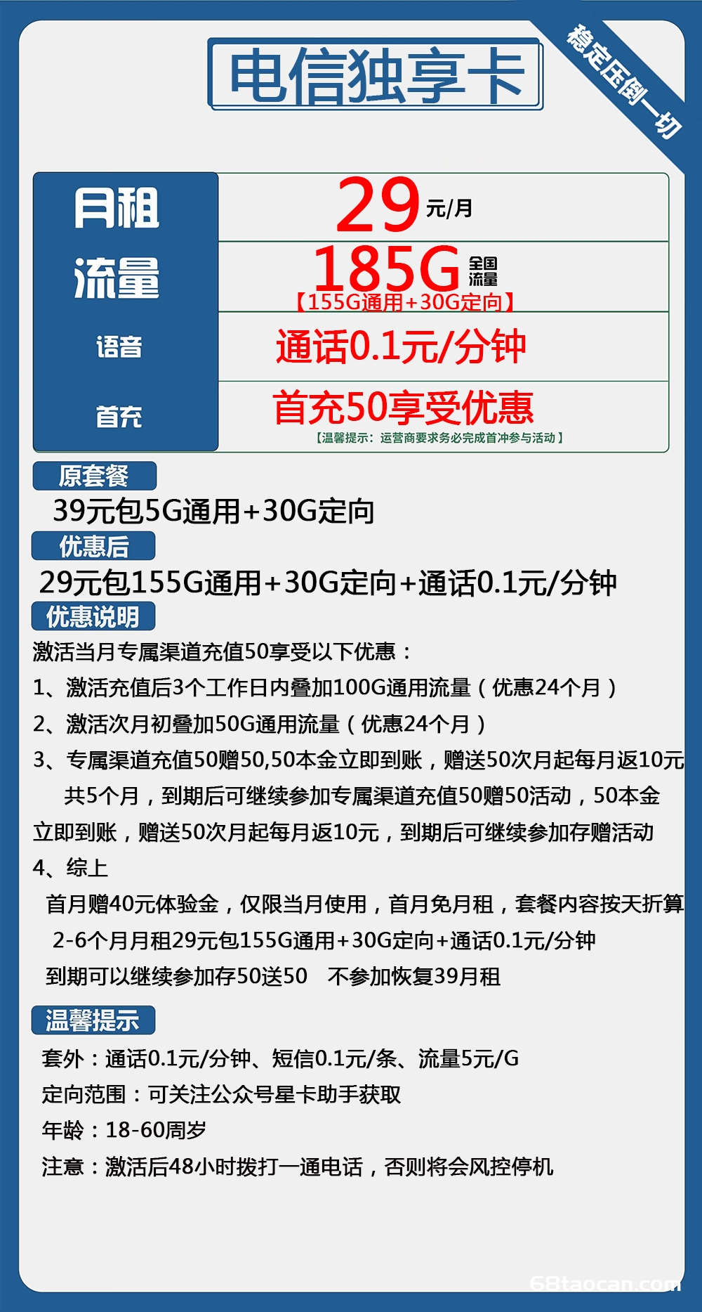 2024电信独享卡29元包155G通用+30G定向（首月免租 电信大王卡申请办理入口）