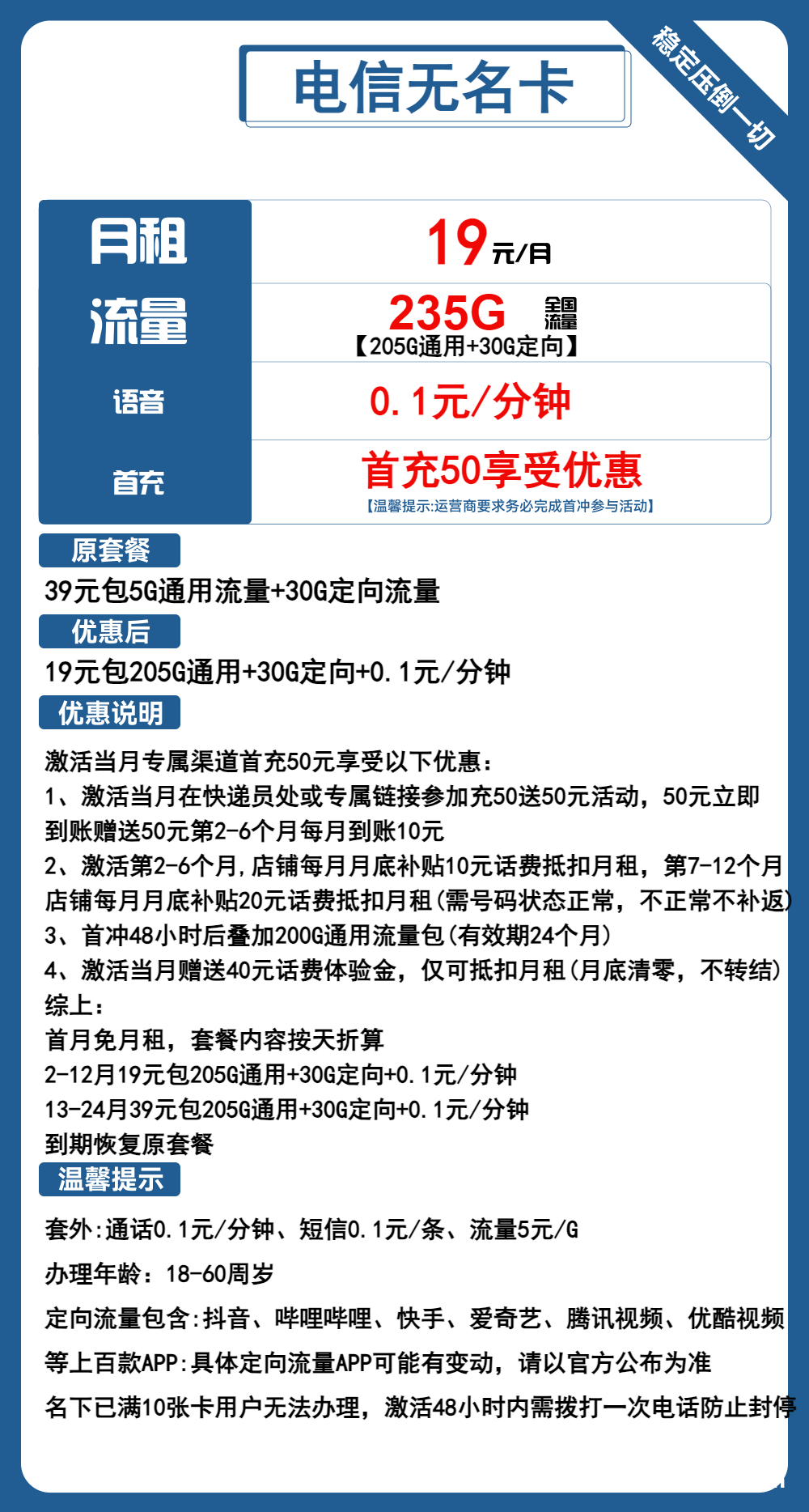 2024电信大王卡19元包205G通用+30G定向（电信无名卡套餐申请办理入口）