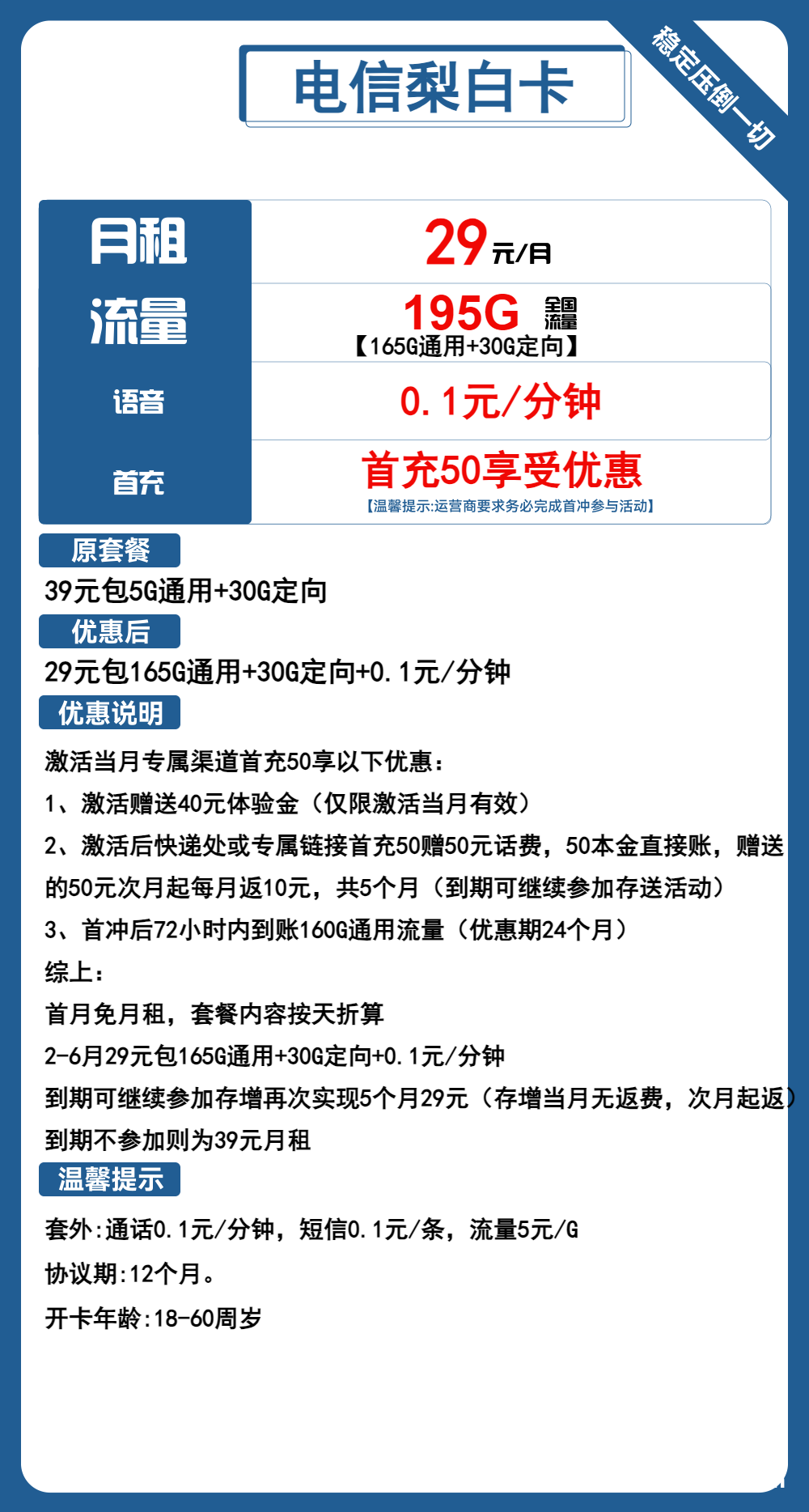 2545 | 电信梨白卡29元包165G通用+30G定向+通话0.1元/分钟