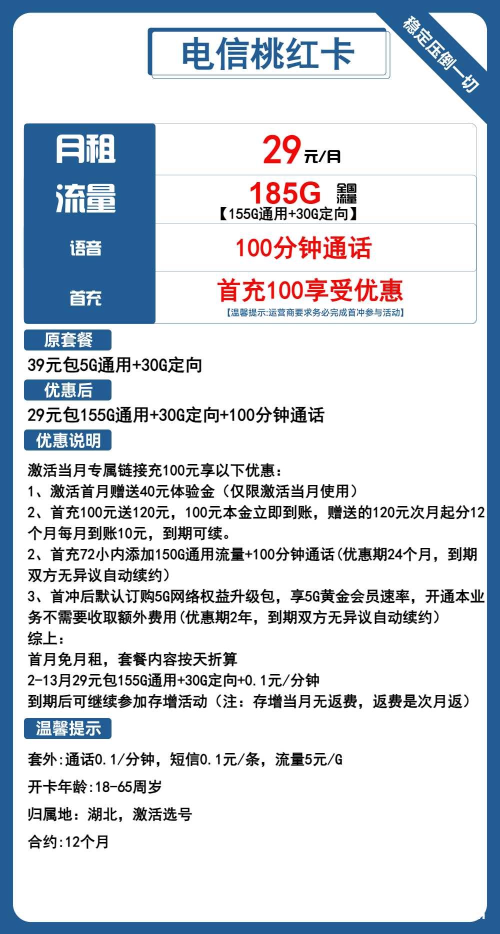 2548 | 电信桃红卡29元包155G通用+30G定向+100分钟通话