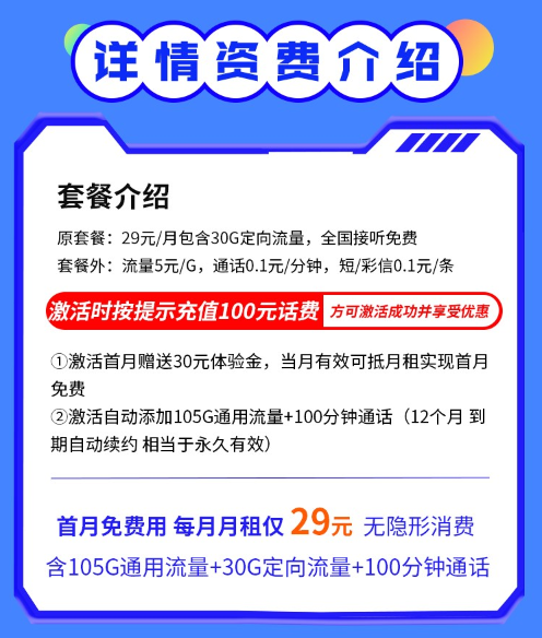 电信银河卡29元135G+100分钟通话（电信手机流量卡套餐办理入口）