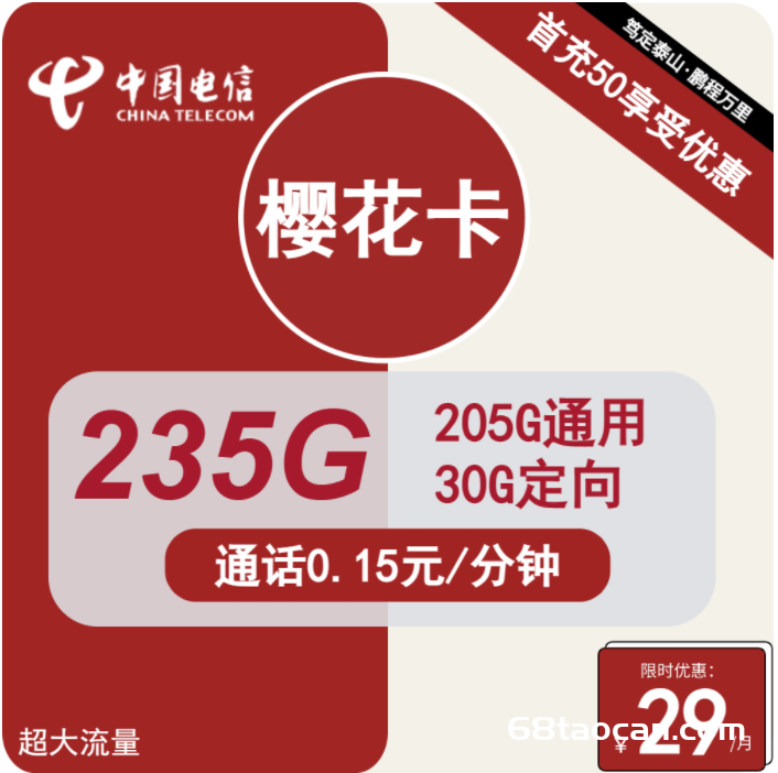 2503 | 联通樱花卡29元包205G通用+30G定向+通话0.15元/分钟